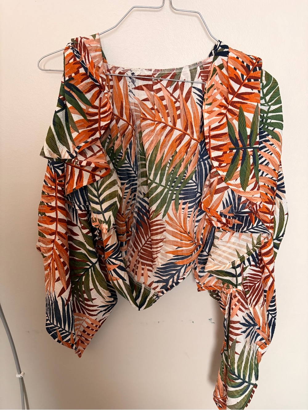 Women’s Tropical Leaf Print Ruffle Kimono - Orange & Green